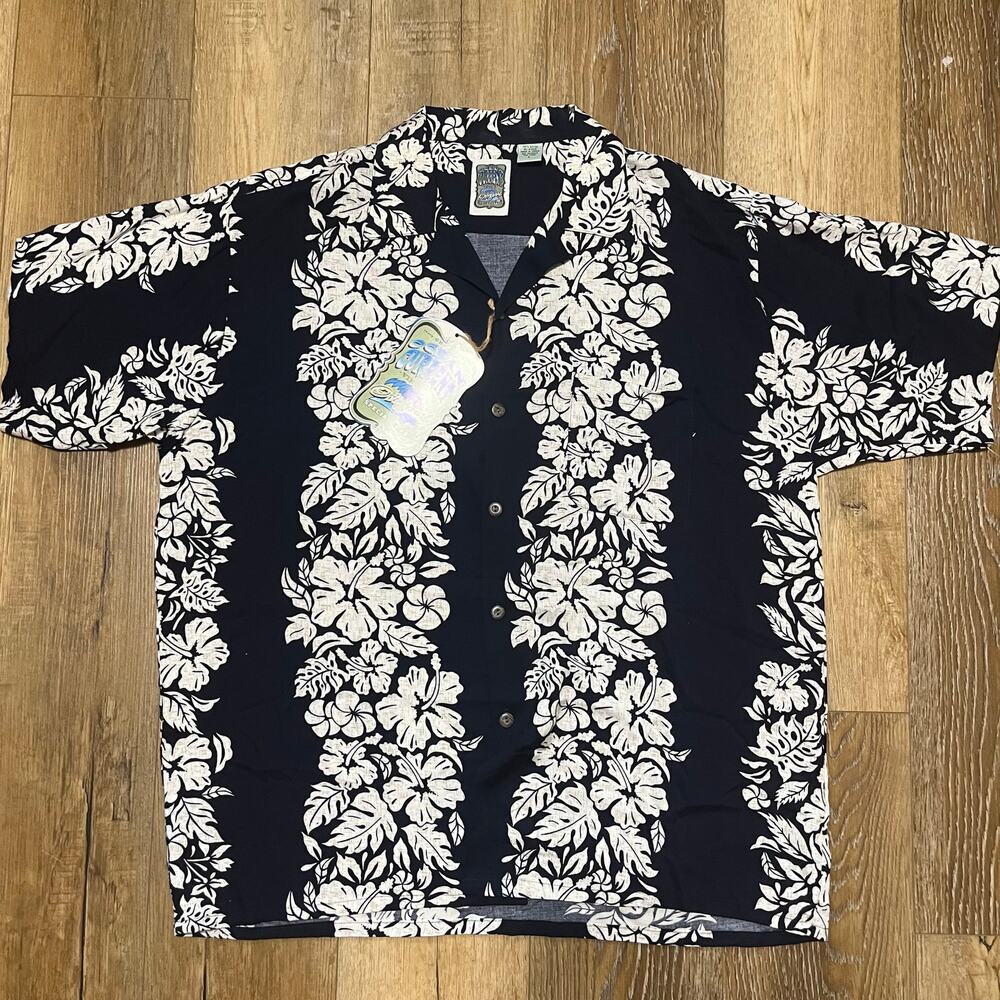 NWT Vtg Ocean Current Hawaiian Blue White Hibiscus Shirt L 100% Rayon Tropical
